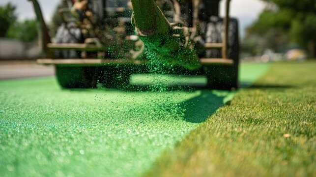 Medium shot capturing vibrant green lawn emerging as liquid seed mixture is evenly spread with hydroseeding equipment.