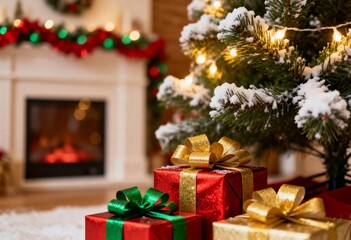 Red and gold gifts beneath a flocked Christmas tree, glowing lights, and a cozy fireplace backdrop.