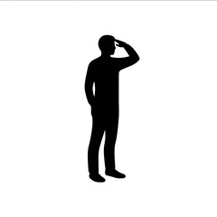 Black silhouette of a man standing and touching his forehead a simple flat icon design on a white background in the front view.
