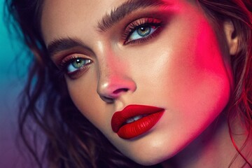 Fototapeta premium Close-Up Portrait of a Striking Woman with Red Lips and Colorful Eyes – Hyperrealistic and Artistic Female Face –