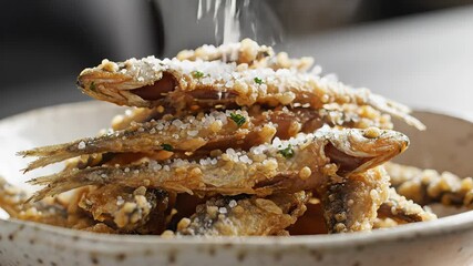 Crispy Fried Smelt Fish Tower Garnished with Herbs and Salt A Culinary Delight of Fresh Seafood Served in a Rustic Bowl Perfect for Gourmet Food Photography and Restaurant Menus.