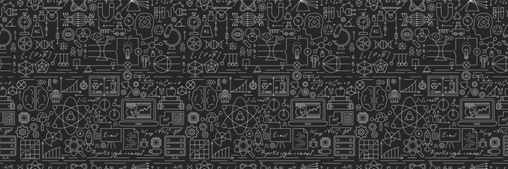Physics Chalkboard Line Seamless Pattern. Vector Illustration of Education Outline BG. Linear Research Science Laboratory. Mechanics, Optics and Nuclear Texture.