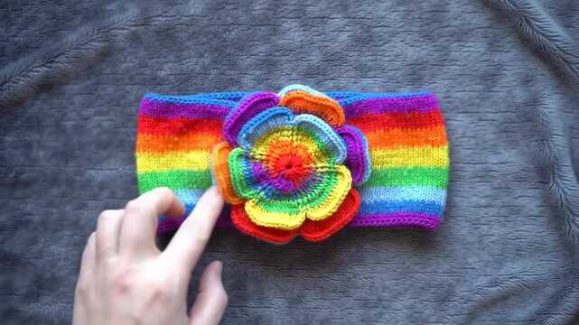 Handmade rainbow knitted headband with floral embellishment close up shot