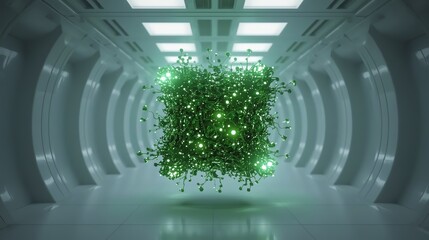 Enter the future with glowing green organic technology in a sterile white environment, a dynamic visual for innovation, research, and cutting edge concepts