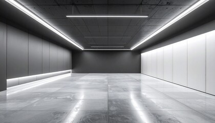 Modern minimalist interior space with polished concrete floor, lighting and architectural design