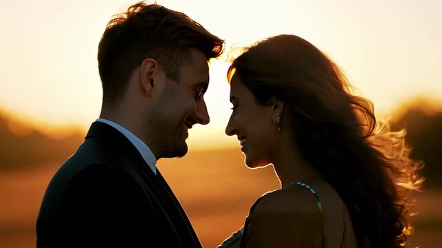 A man and a woman stand closely, their heads leaning against each other as the sun sets behind them. The soft light highlights their silhouettes, creating a romantic and intimate m