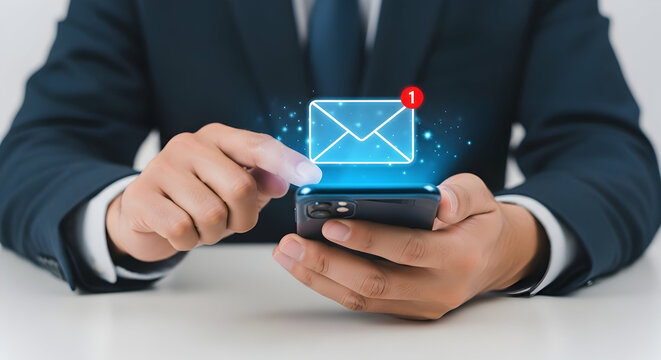 Businessman Checking Email on Smartphone with Glowing Envelope Icon. - Powered by Adobe