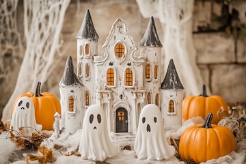 A beautifully designed haunted house accompanied by playful ghosts and vibrant pumpkins, offering a festive touch for Halloween lovers who appreciate unique decorations.