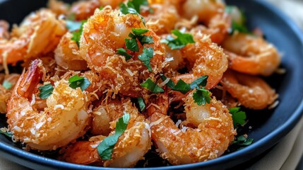 Delicious shrimp dish featuring a golden-brown crispy exterior topped with fresh parsley and grated Parmesan, perfect for seafood lovers and gourmet dining experiences.