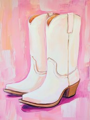 A striking painting of fashionable white cowboy boots set against a vibrant pink backdrop, showcasing unique design and contemporary art, perfect for fashion enthusiasts.