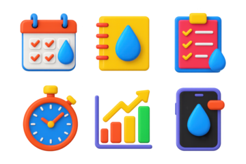 Set of six different icons, each with a unique design and color scheme