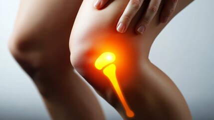 A detailed artistic representation of a knee joint, glowing in orange to signify pain and highlighting the anatomical features essential for medical understanding.