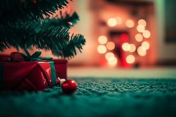 A close-up view of colorful Christmas presents placed near a decorated tree, with soft glimmering lights in the background adding charm and warmth to a festive scene.
