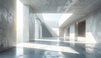 Minimalist concrete architecture with sunlit openings creates modern and futuristic perspective