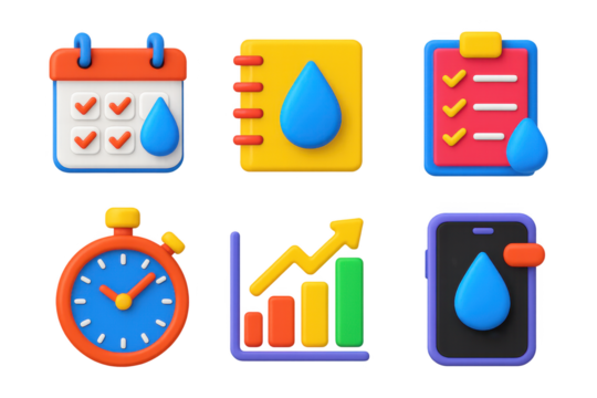 Set of six different icons, each with a unique design and color scheme