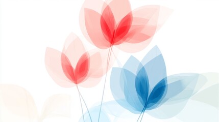 This image showcases an elegant arrangement of abstract flowers in soft red and blue shades, radiating a sense of tranquility and artistic flair.