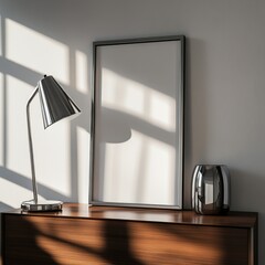 This stylish interior shot features clean lines and a modern lamp, highlighting the elegant interplay of light and shadow across the minimalist decor.