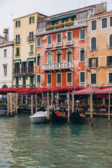 Gondolas moored on Grand Canal in Venice, Italy