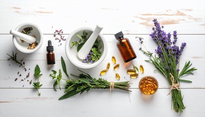 Aesthetic arrangement of herbal remedies and natural ingredients on a white wooden surface