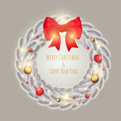 Christmas Wreath with Red Bow and Greeting Text &ndash; White Pine Branches, Baubles and Lights on Festive Background