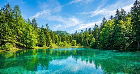 Breathtaking panoramic view of a pristine turquoise lake surrounded by dense, vibrant green pine forest under a brilliant blue sky with wispy white clouds. The crystal-clear water.