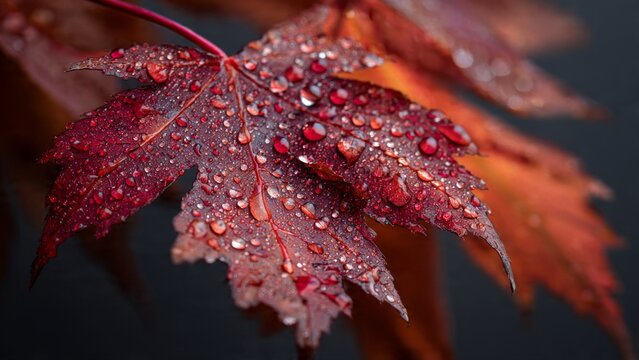 Maple Leaf Glistens with Raindrops in Autumn