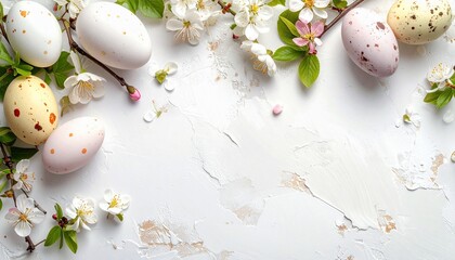 Easter eggs adorned with springtime blossoms and textured white background.