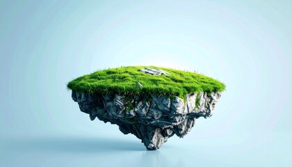A surreal floating island with lush greenery and rocky cliffs against a serene sky