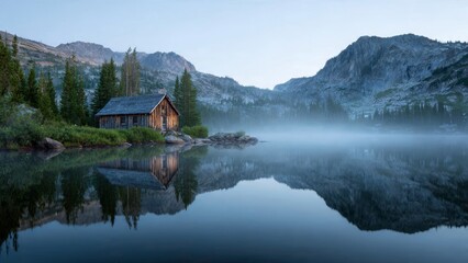 Fototapeta premium Cabin Reflects in Calm Lake at Dusk in the Mountains