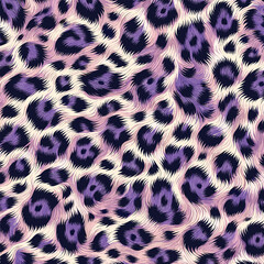 Stylish seamless leopard print with a modern stylized fur texture. A vibrant wild animal skin background in shades of purple and violet for contemporary design © Ube