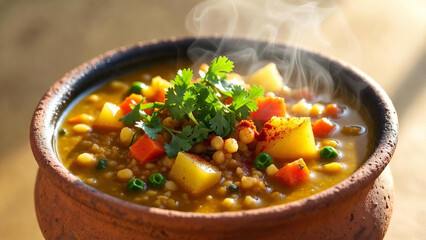 A steaming bowl of homemade vegetable soup served in a rustic clay pot. The dish features potatoes, carrots, peas, and grains in a warm golden broth, garnished with fresh cilantro. Cozy, comforting, a