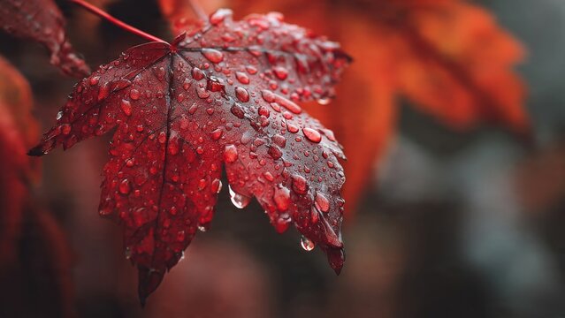 Maple Leaf Glistens with Raindrops in Autumn