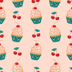 Groovy cupcake seamless pattern with cherries. Funny dessert with faces, cream, sprinkles. Red, pink, beige, blue colors. Print on fabric and paper. Vector food illustration. Cute design for textile.