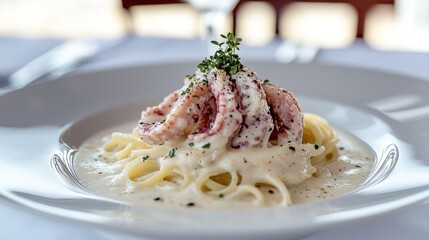 A close-up image of a delicious pasta dish garnished with seafood and a rich cream sauce, highlighting the artistry of culinary presentation and gourmet flavors for food enthusiasts.