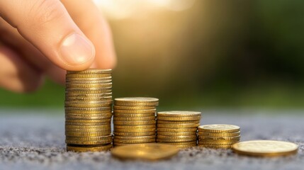 An image of a hand carefully stacking golden coins, symbolizing financial growth and investment strategies, representing wealth management and economic success for viewers.