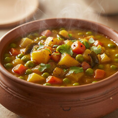 A steaming bowl of homemade vegetable soup served in a rustic clay pot. The dish features potatoes, carrots, peas, and grains in a warm golden broth, garnished with fresh cilantro. Cozy, comforting, a