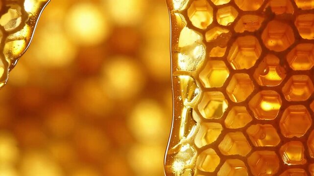 Detailed close-up of golden viscous honey dripping over a perfect hexagonal honeycomb structure