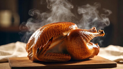 A perfectly roasted whole turkey resting on a wooden cutting board, with steam rising from the golden crispy skin. The dish is garnished with fresh rosemary sprigs and orange slices, creating a warm a