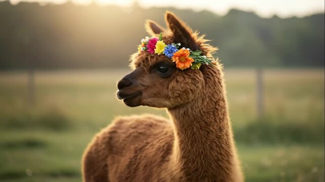 Young brown alpaca wearing a colorful flower wreath on its head, looking happy outdoors. Cute animal enjoying nature and sunny day.