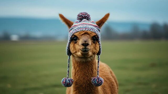 Cute alpaca wearing knitted hat with pom poms in green field landscape. Adorable farm animal portrait. Funny wildlife concept.