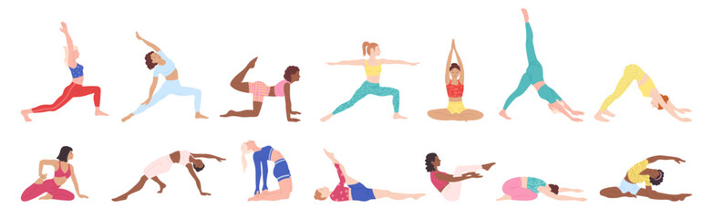 Women do yoga and Pilates exercises cartoon set. Young ethnically diverse girls in bright clothes doing fitness stretching, meditation, sport training. Healthy wellness lifestyle vector illustration