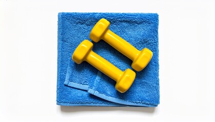 Gym equipment with dumbbells and towel on a white background, concept for training