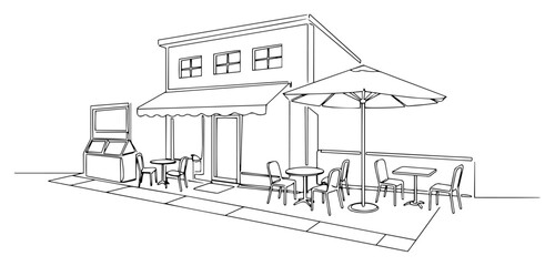 Cafe exterior street terrace one line drawing, coffee shop building vector illustration, restaurant facade sketch