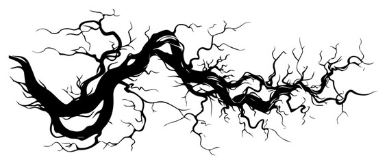 Spooky dead tree branch silhouette, twisted dry roots vector illustration for halloween