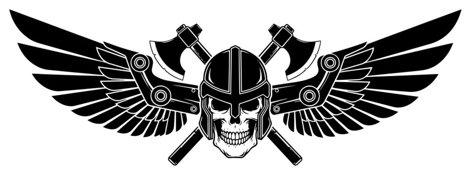 Skull with helmet and wings tattoo design, crossed axes warrior emblem vector illustration
