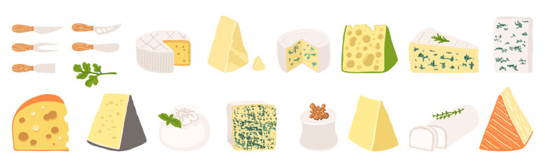 Cartoon style Cheese set illustration with hand drawn texture. Includes different types of cheese Brie, Camembert, Swiss cheese with holes, Parmesan. Vector colorful design for food or dairy projects