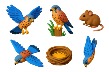 Set of six bird and mouse figures, including a falcon, a mouse