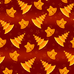 Seamless Christmas pattern with Christmas trees and bells on a red background with bright gold stars. Vector illustration.