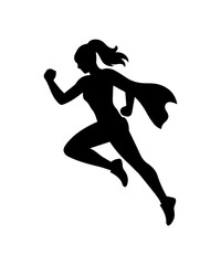 Superhero woman silhouette illustration. Simple icon with woman in cape with superpowers.