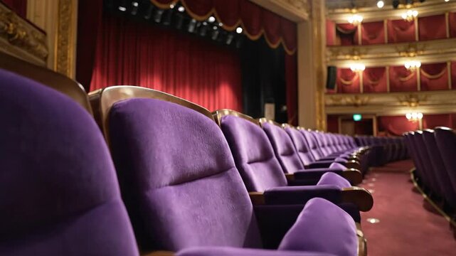 Elegant auditorium seating rows with stage curtain view